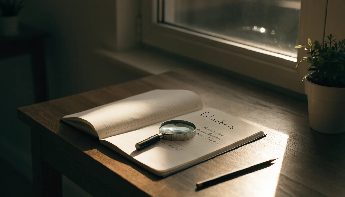 Ein schmaler Schreibtisch am Fenster mit einem Notizbuch, einer Lupe und einem Bleistift im Morgenlicht.