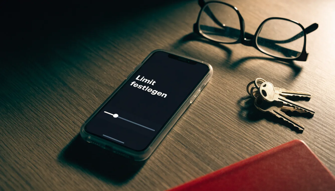 Ein Smartphone liegt mit dunklem Display auf einem Schreibtisch neben einem Schlüsselbund und einer Brille.