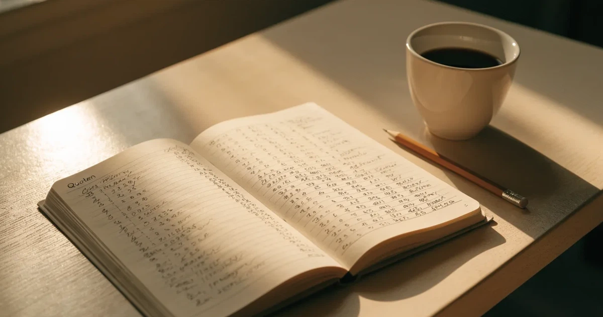 Handschriftliche Zahlenkolonnen in einem Notizbuch, daneben ein Bleistift und eine Tasse Kaffee auf hellem Holz.