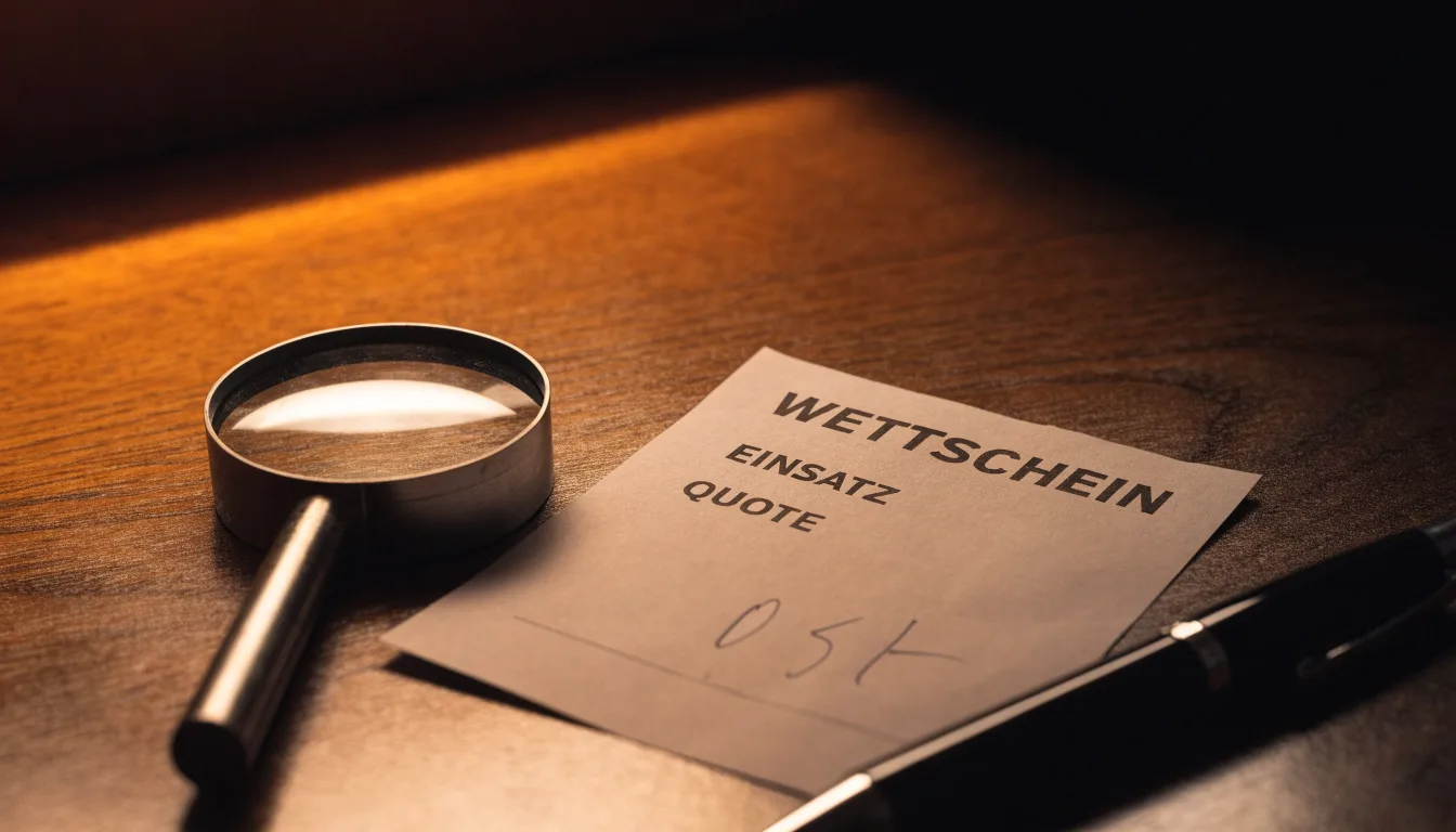Ein leerer Wettschein aus Papier und ein Kugelschreiber liegen auf einem Schreibtisch neben einer Lupe.