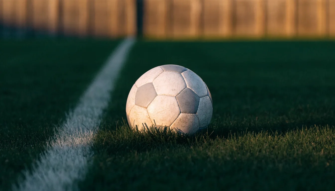 Ein Fußball liegt am Rand eines Rasens neben einer weißen Linie, im Hintergrund ein Zaun in der Abendsonne.