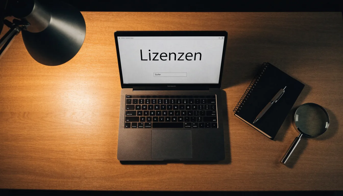 Ein Schreibtisch mit Lupe, Kugelschreiber und einem leeren Notizblock unter einer Lampe in einem ruhigen Raum.