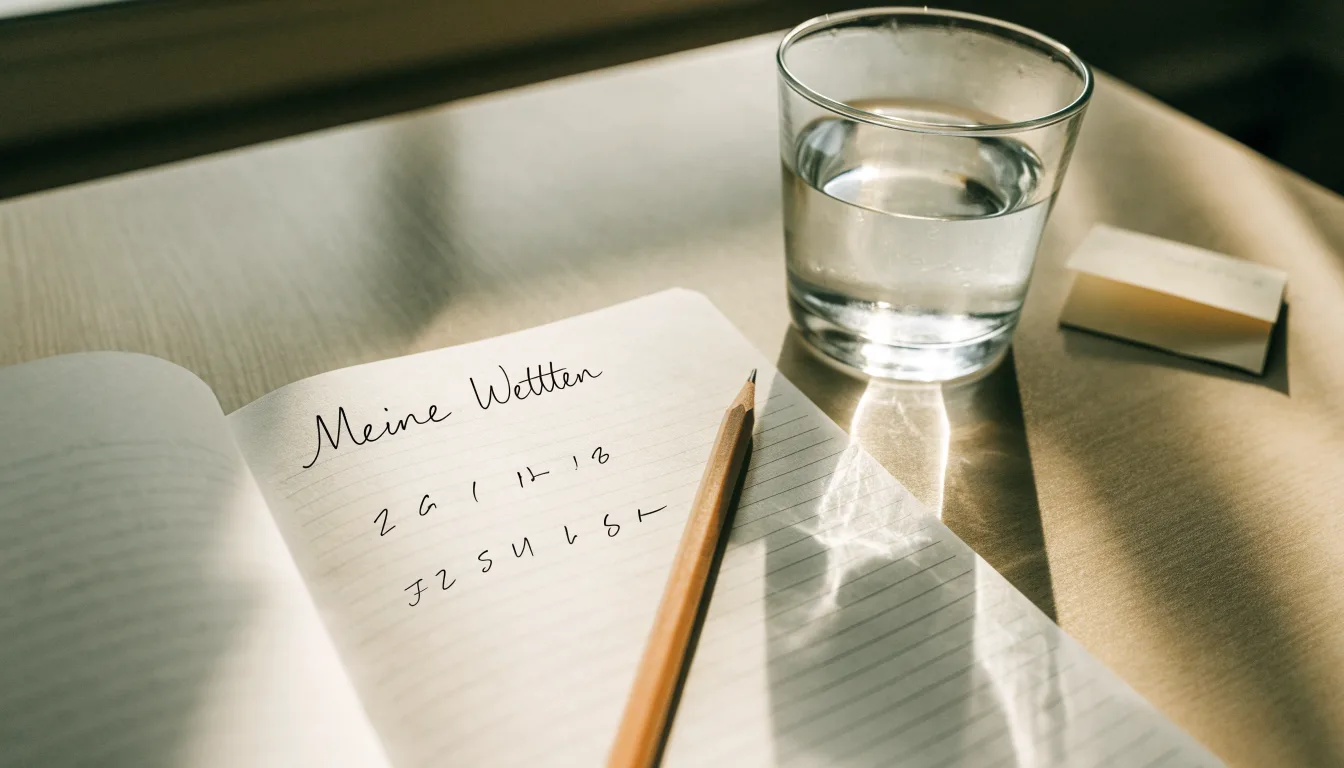Ein Notizbuch und ein Bleistift liegen neben einem Glas Wasser auf einem hellen Tisch.