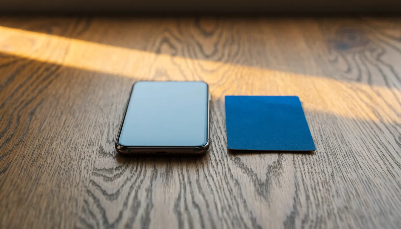 Eine Bankkarte ohne Aufdruck liegt neben einem Smartphone mit dunklem Display auf einem Holztisch.