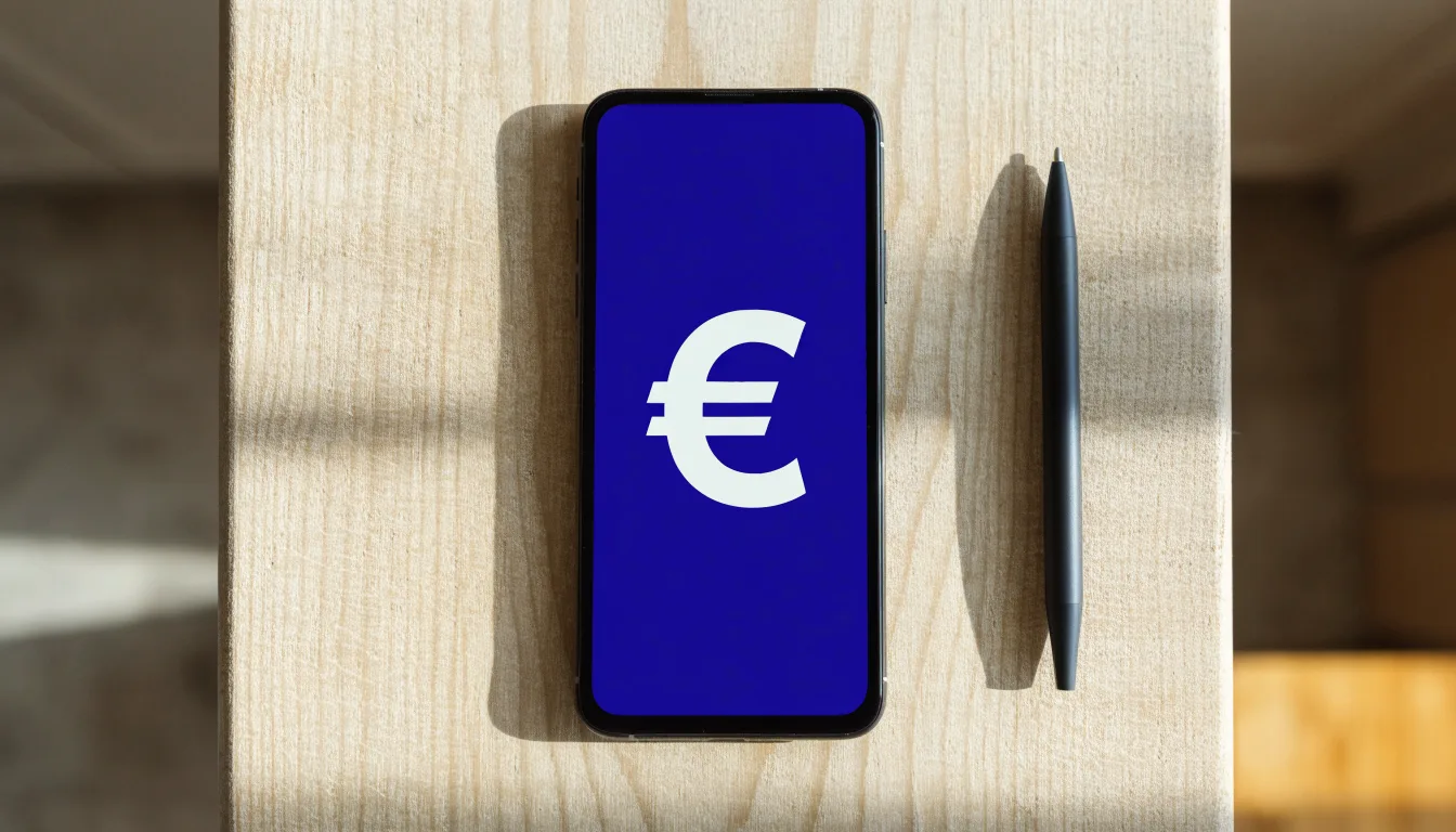 Eine Bankkarte ohne Aufdruck liegt neben einem Kugelschreiber auf einer Arbeitsplatte aus hellem Holz.