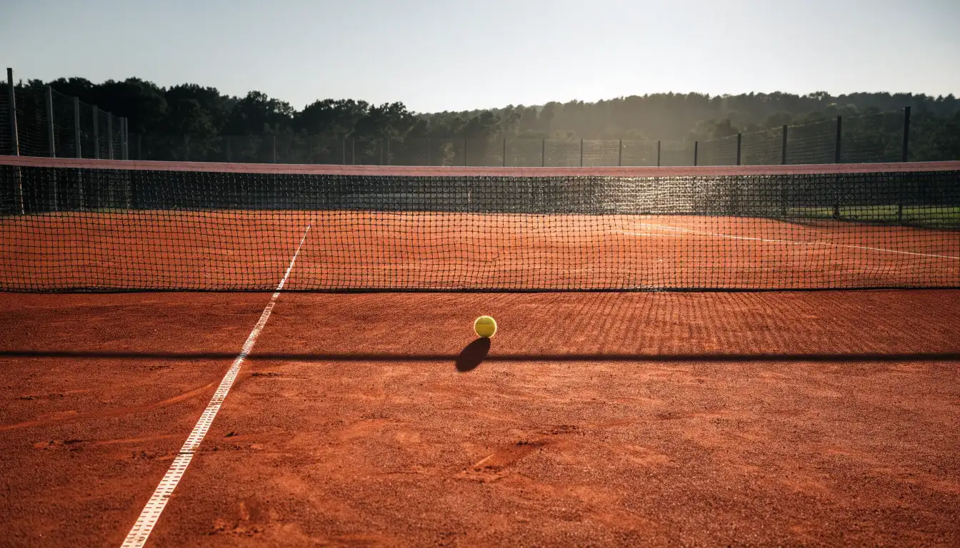 Ein Tennisplatz aus Sand bei Sonnenaufgang, das Netz im Gegenlicht, kein Mensch zu sehen.
