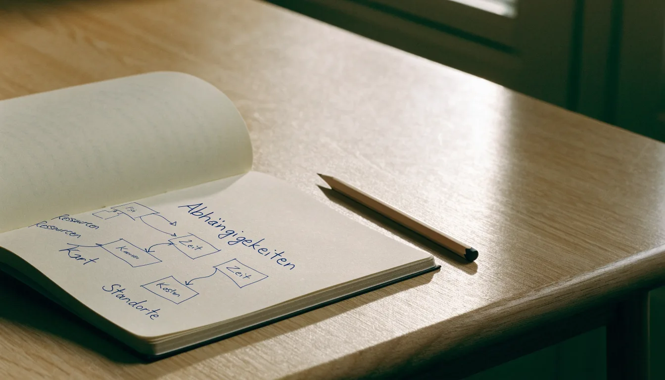 Ein Notizbuch mit handgezeichneten Knoten und Linien liegt neben einem Bleistift auf einem Schreibtisch.