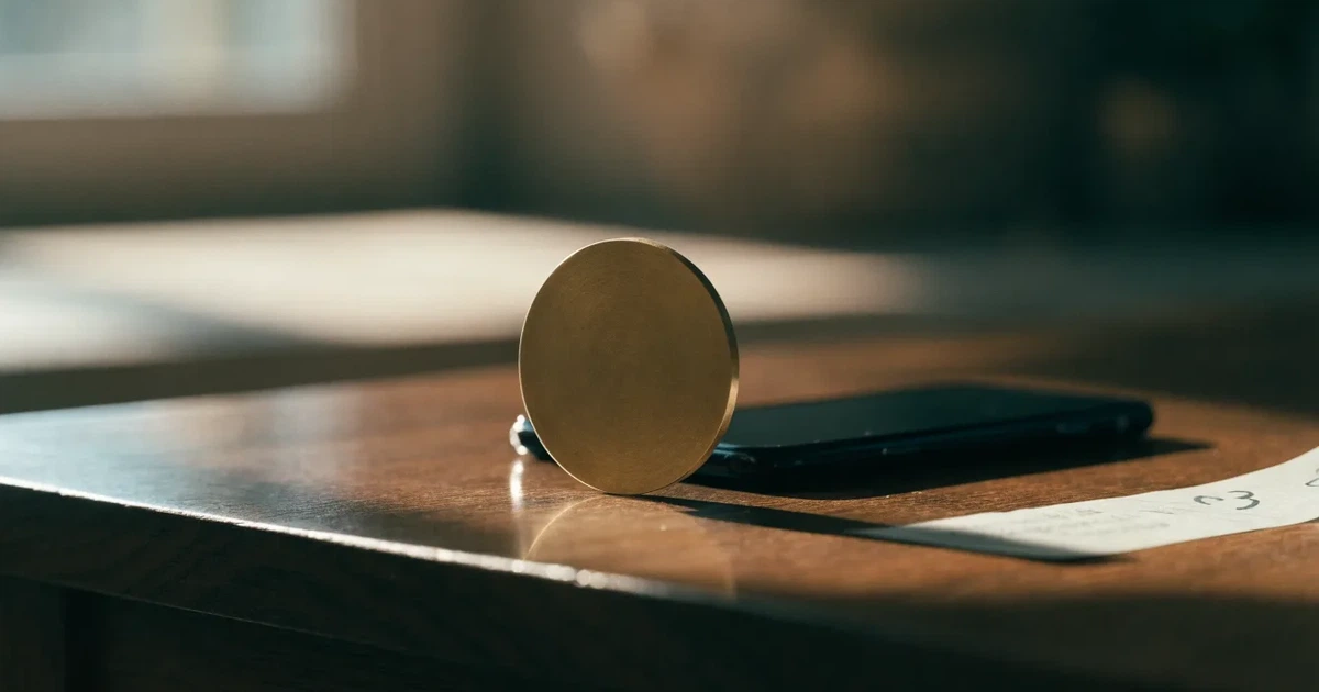 Eine einzelne goldfarbene Münze ohne Prägung liegt auf einem dunklen Tisch, daneben ein ausgeschaltetes Smartphone.