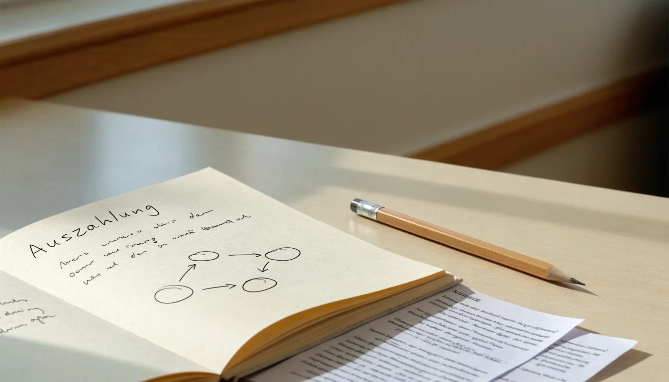 Ein Notizbuch mit handgezeichneten Pfeilen und Kreisen liegt neben einem Bleistift auf einem hellen Tisch.