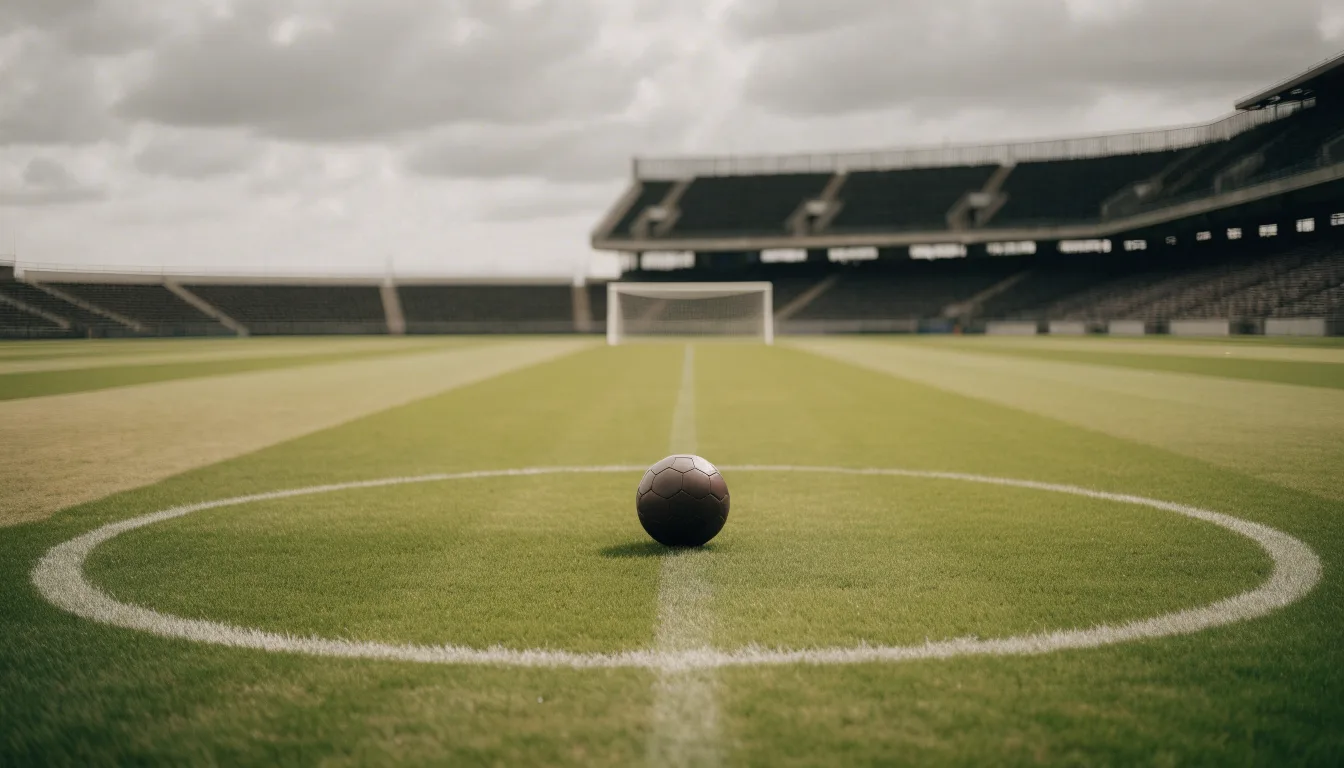 Ein Fußball liegt auf dem Anstoßpunkt eines leeren Rasenplatzes, im Hintergrund eine ruhige Tribüne unter bedecktem Himmel.