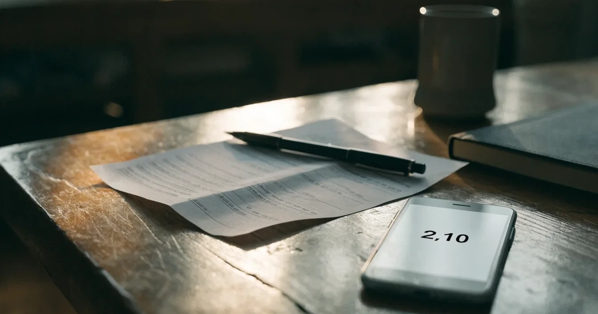 Ein Holzschreibtisch im Morgenlicht mit geschlossenem Notizbuch, Kugelschreiber und Kaffeetasse, daneben ein Smartphone mit dunklem Bildschirm.