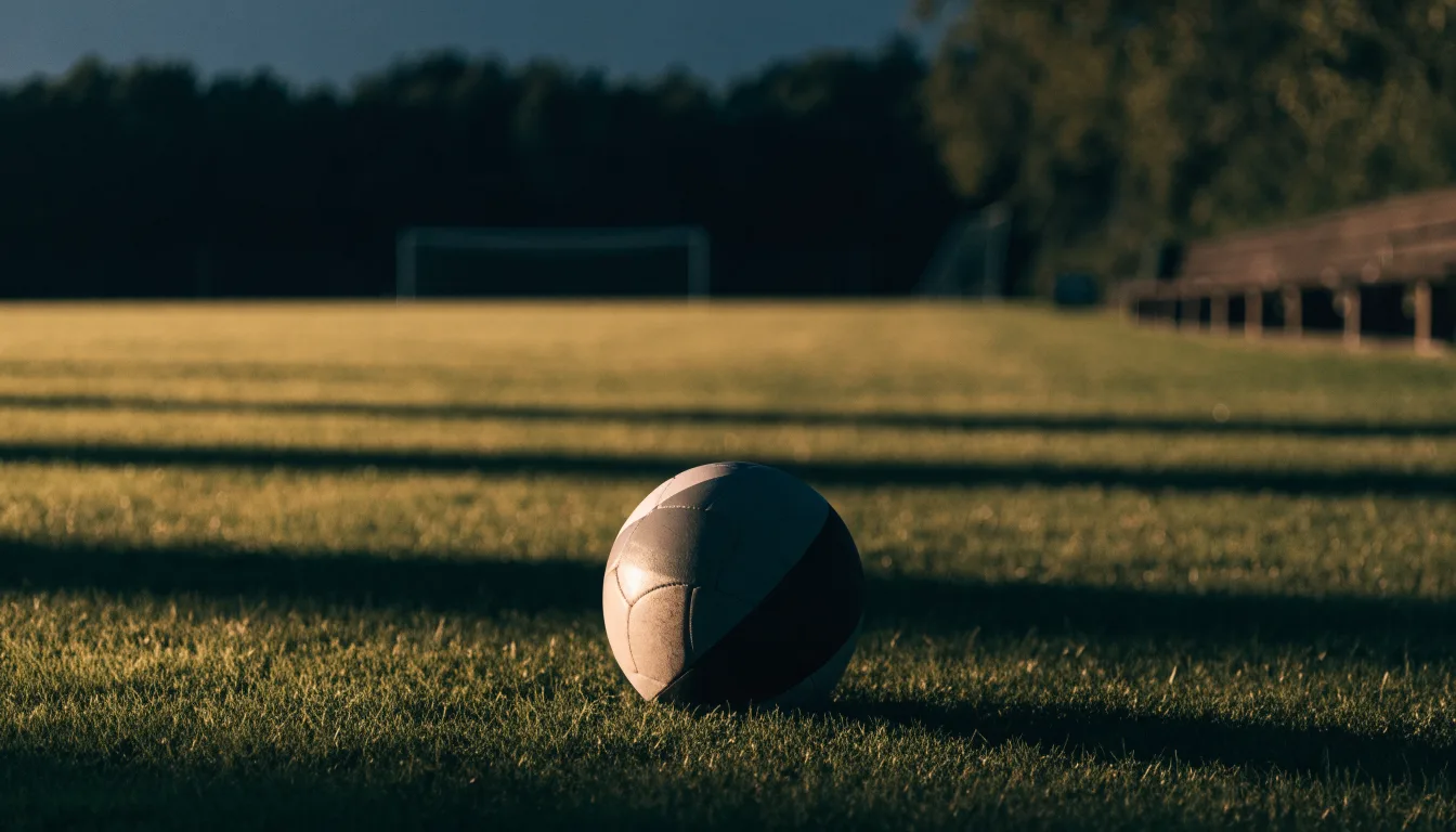 Ein Fußball auf einem Rasenplatz im Gegenlicht der tiefstehenden Sonne, am Spielfeldrand eine leere Ersatzbank.