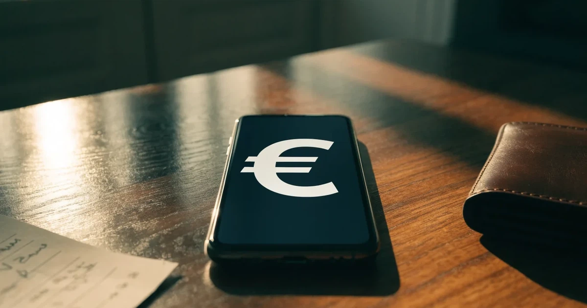 Ein Smartphone mit dunklem Bildschirm liegt neben einer Geldbörse und wenigen Münzen auf einem Holztisch im weichen Fensterlicht.
