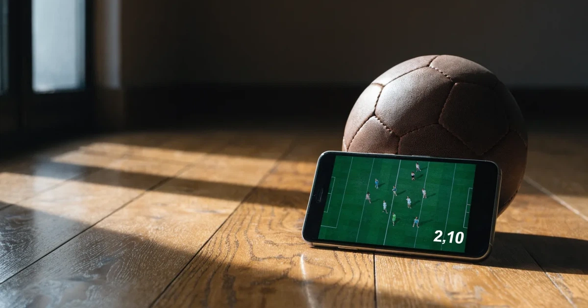 Ein Geschenkband liegt neben einem Fußball auf einem Holzboden, gedämpftes Licht fällt von einem Fenster herein.