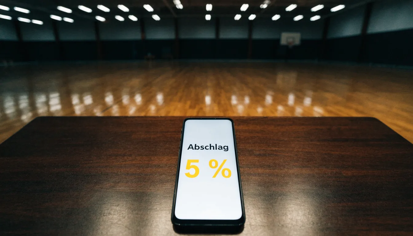 Ein Basketballfeld in einer leeren Halle, das Parkett spiegelt das Licht der Deckenlampen.