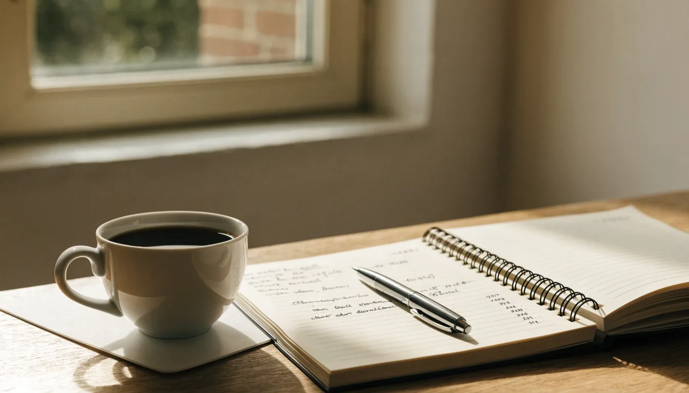 Eine Tasse Kaffee, ein Kugelschreiber und ein aufgeschlagenes leeres Notizbuch auf einem Küchentisch am Fenster.