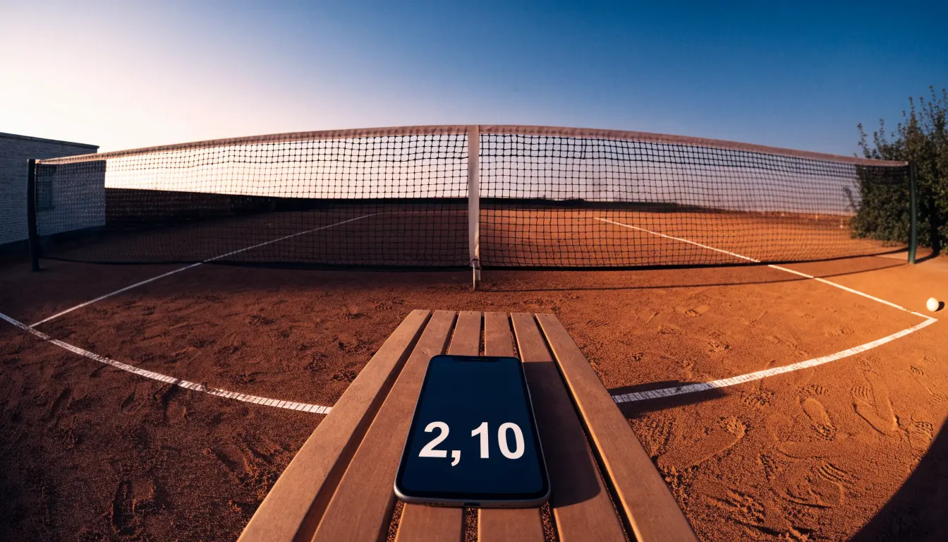 Ein Tennisplatz in der Dämmerung, Netz und Linien im Zwielicht, ohne Menschen und mit ruhigem Himmel.