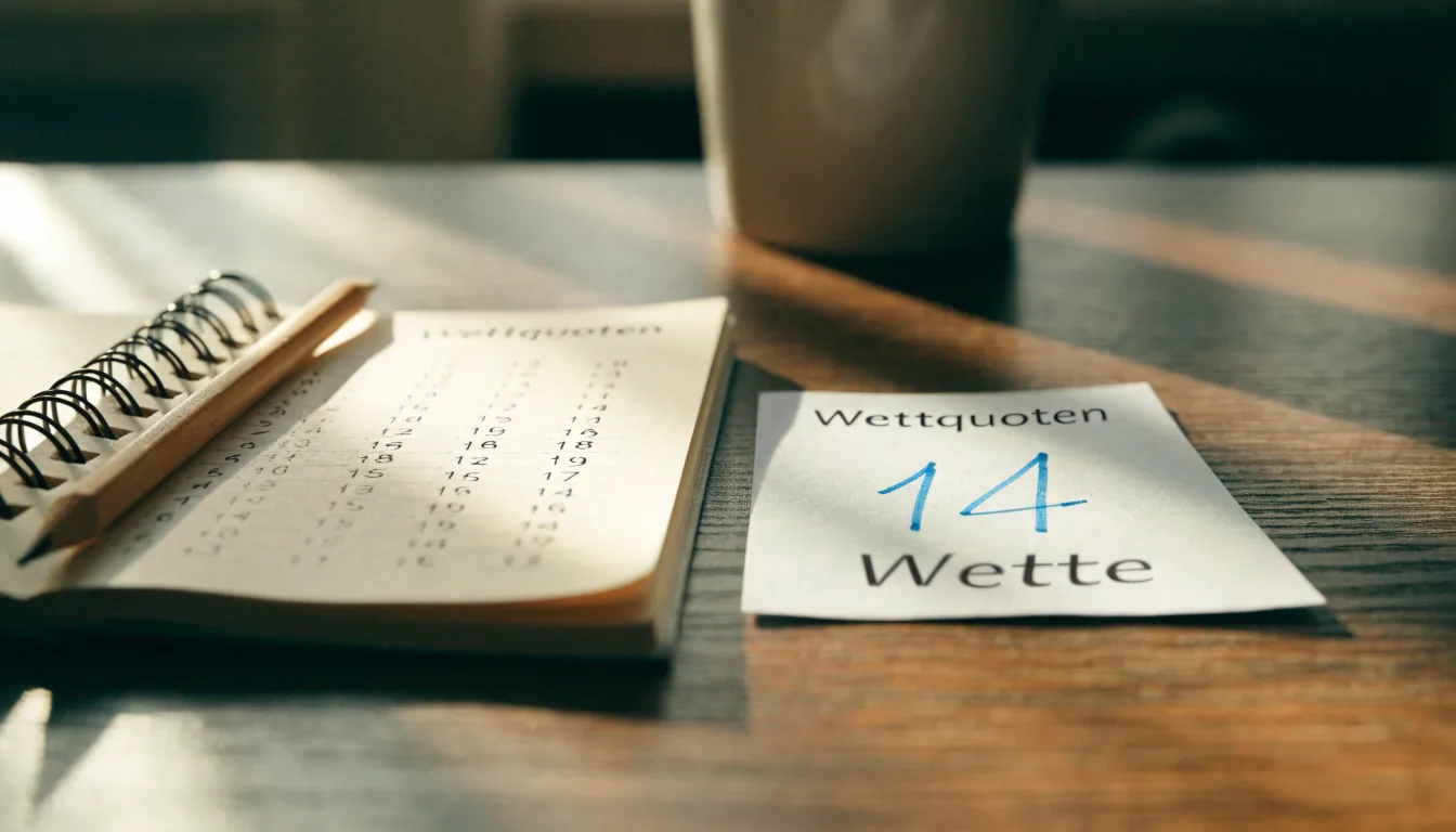 Ein Taschenrechner und ein Notizblock mit handgeschriebenen Zahlenreihen auf einem Holztisch, daneben ein Bleistift.