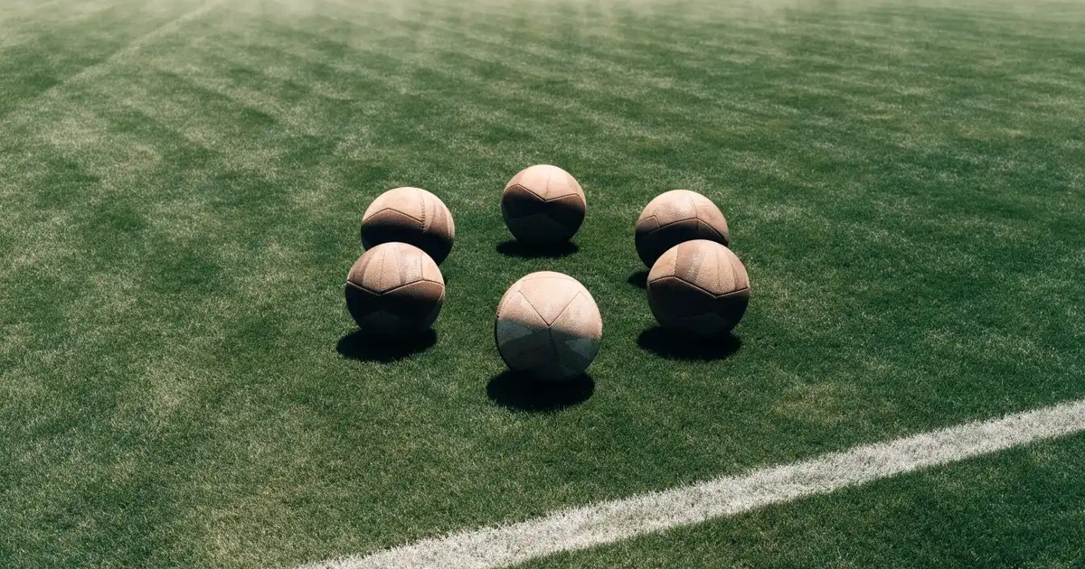 Sechs Fußbälle in einem Kreis auf einem gepflegten Rasen, von oben aufgenommen, gleichmäßiges Tageslicht.