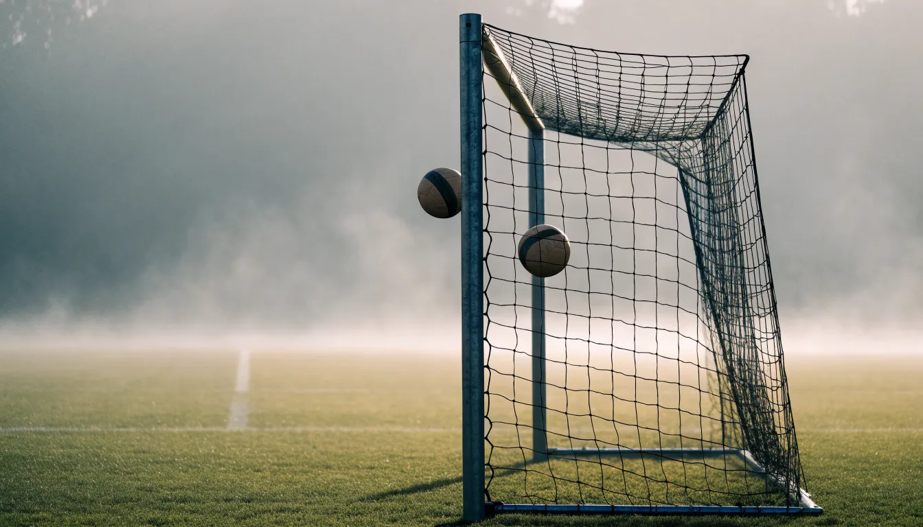 Ein Fußballtor mit Netz im Morgennebel auf einem leeren Platz, die Linien nur schwach zu erkennen.