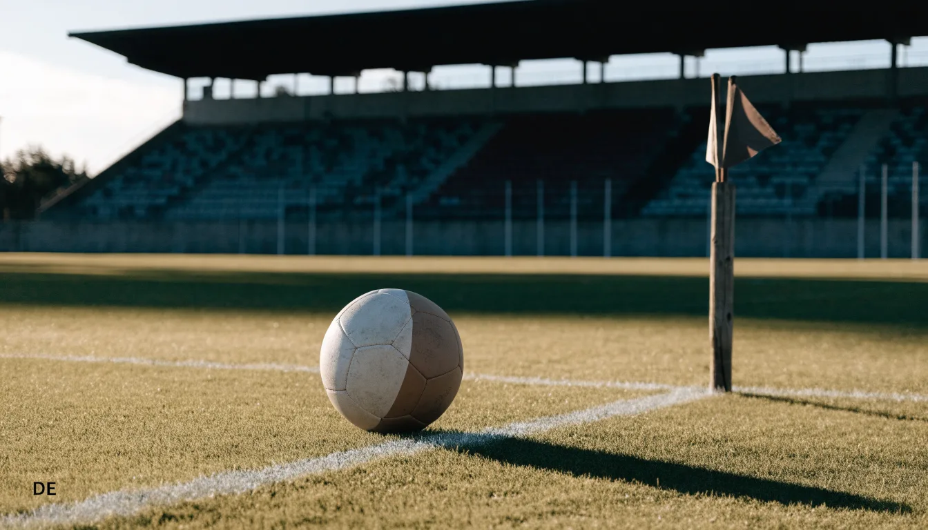 Ein Fußball liegt am Spielfeldrand eines Rasenplatzes, im Hintergrund eine leere Tribüne unter hellem Himmel.