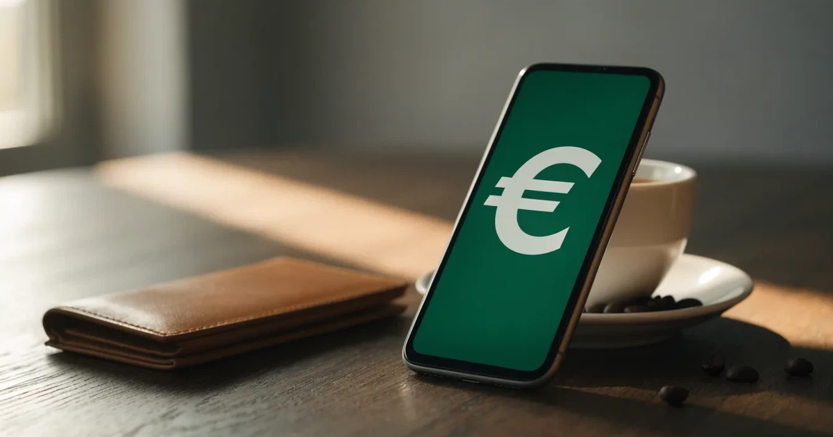 Ein Smartphone mit dunklem Bildschirm liegt auf einem Holztisch neben einem Portemonnaie und einer Kaffeetasse im Fensterlicht.