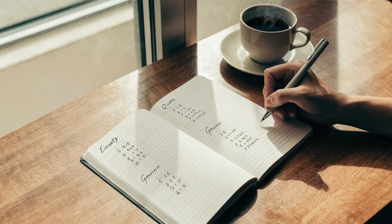 Ein Notizbuch mit handgeschriebenen Rechnungen und ein Taschenrechner auf einem Schreibtisch neben einer Teetasse.