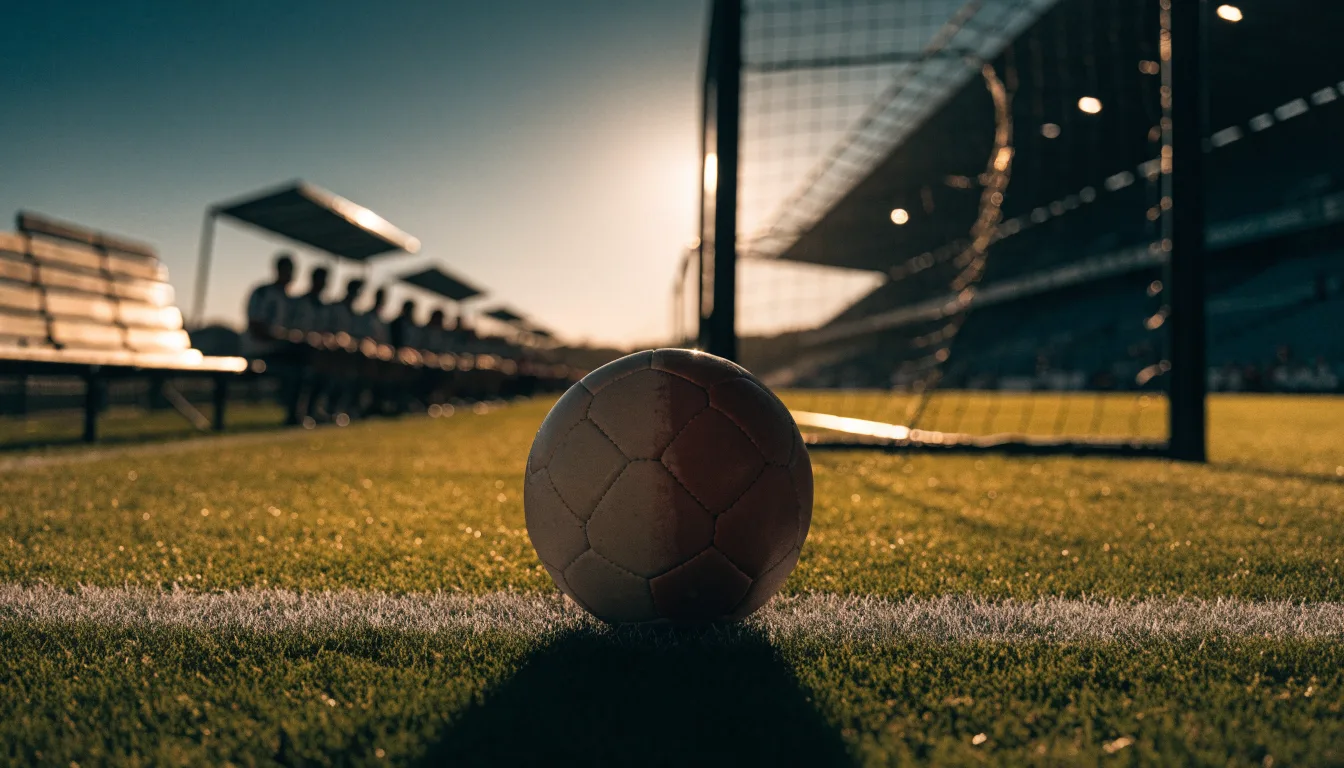 Ein Fußball auf einem Rasenplatz im Gegenlicht der tiefstehenden Sonne, am Rand eine leere Ersatzbank.