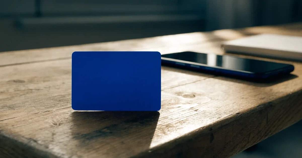 Eine Plastikkarte ohne Aufdruck liegt auf einem Holztisch neben einem Smartphone mit dunklem Bildschirm und einem Notizbuch.