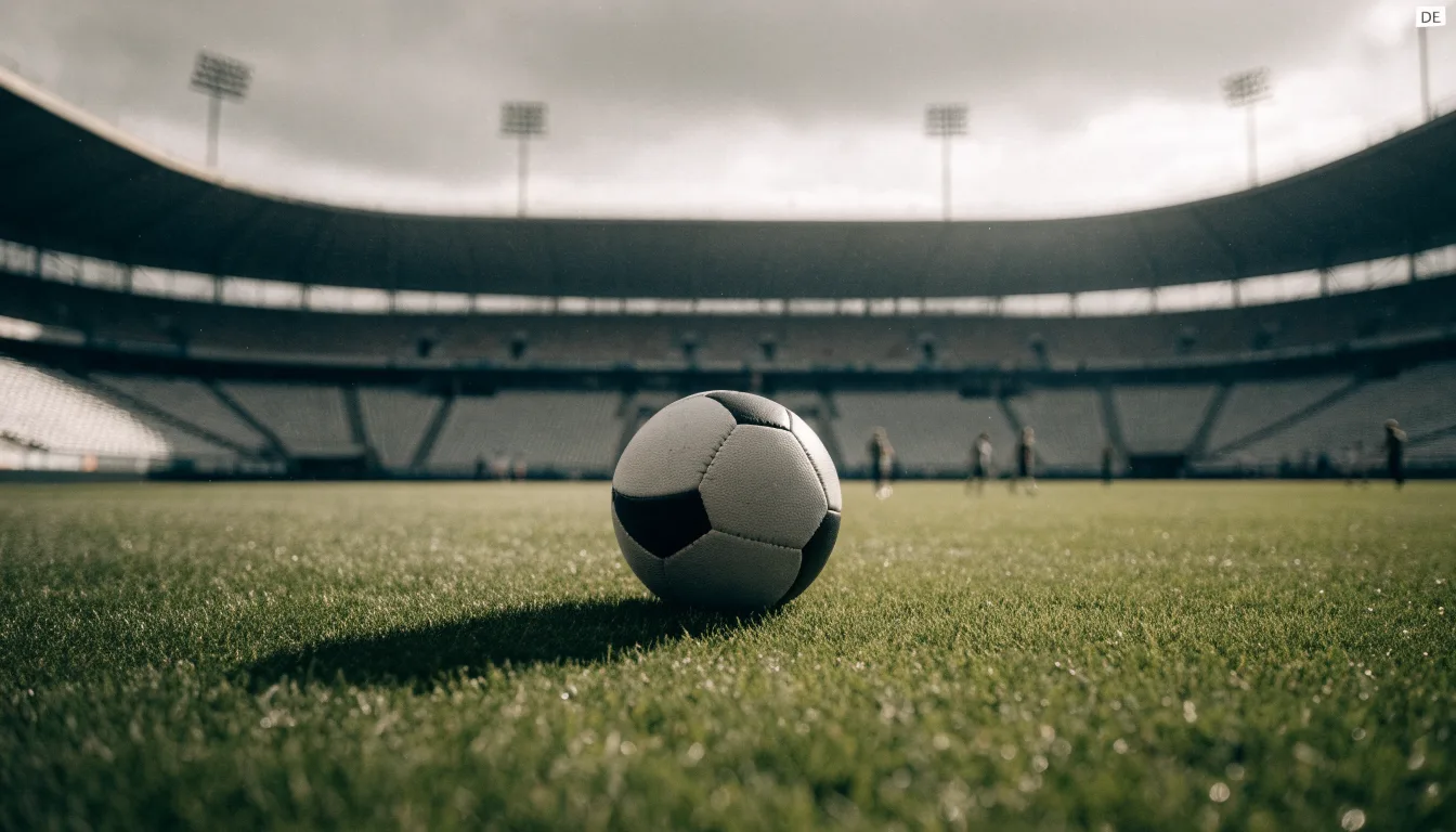 Ein Fußball auf einem Rasen, im Hintergrund ein leeres Stadion bei bewölktem Himmel.