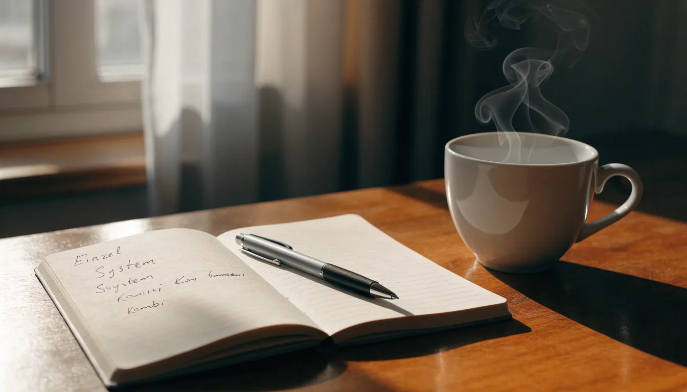 Ein aufgeschlagenes leeres Notizbuch mit Kugelschreiber neben einer Tasse Kaffee auf einem Tisch am Fenster.