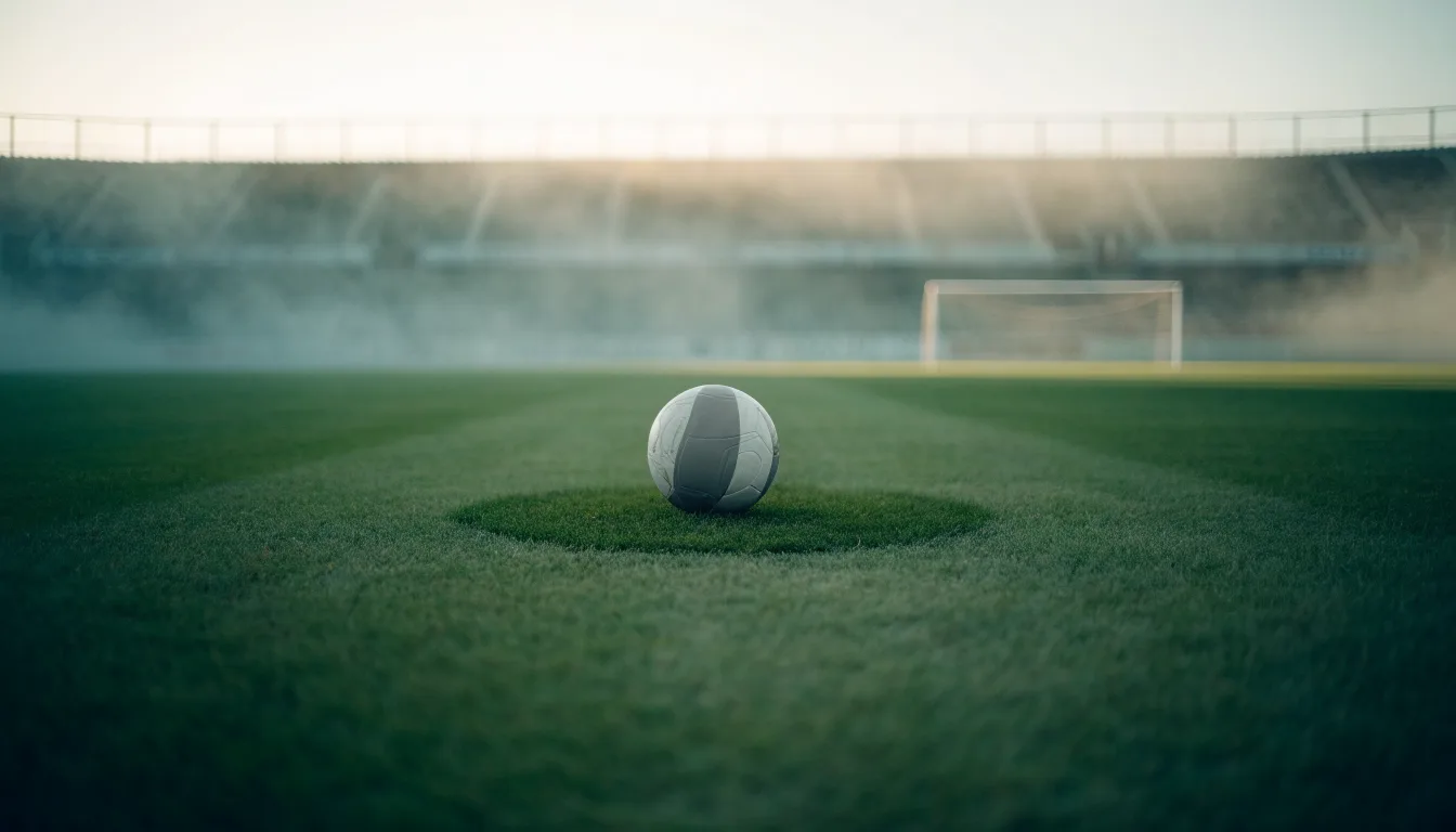 Ein Fußball liegt auf dem Anstoßpunkt eines leeren Rasenplatzes, im Hintergrund hängt Morgendunst über den Tribünen.