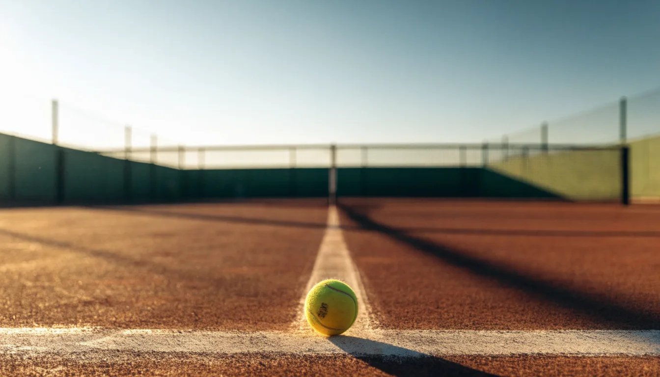 Ein Tennisplatz bei Sonnenaufgang, die Linien noch taufeucht, ein einzelner Ball liegt an der Grundlinie.