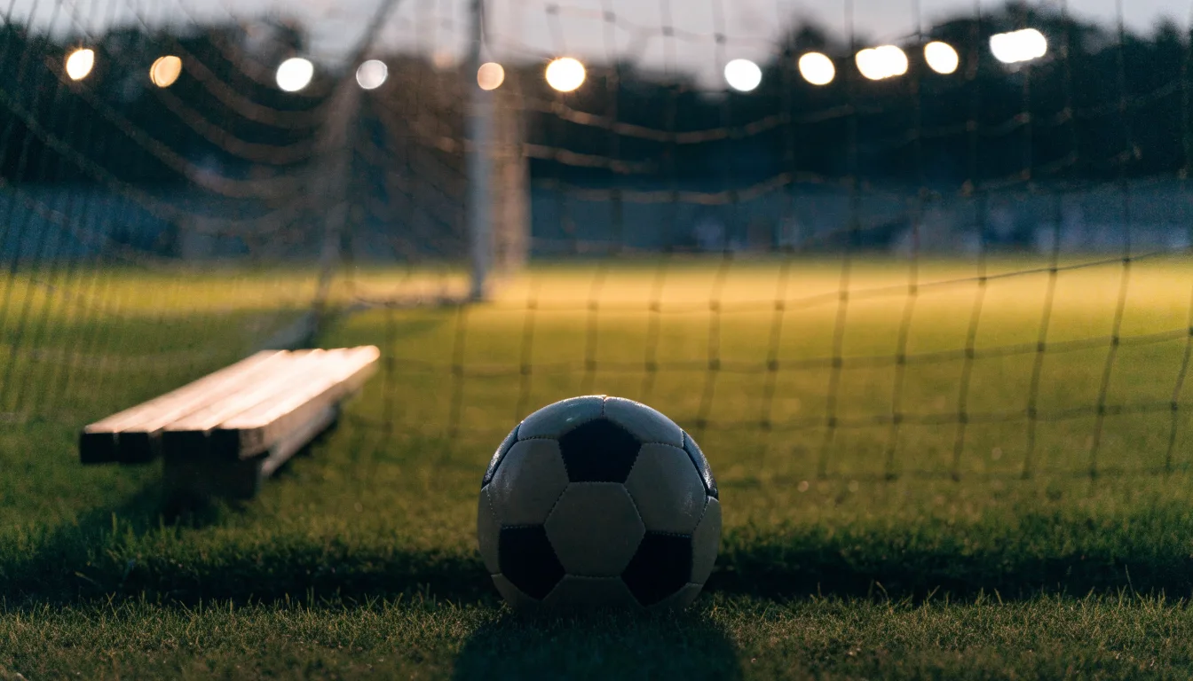 Ein Fußball liegt im Gras am Spielfeldrand, dahinter eine leere Bank und ein Tor im Gegenlicht.