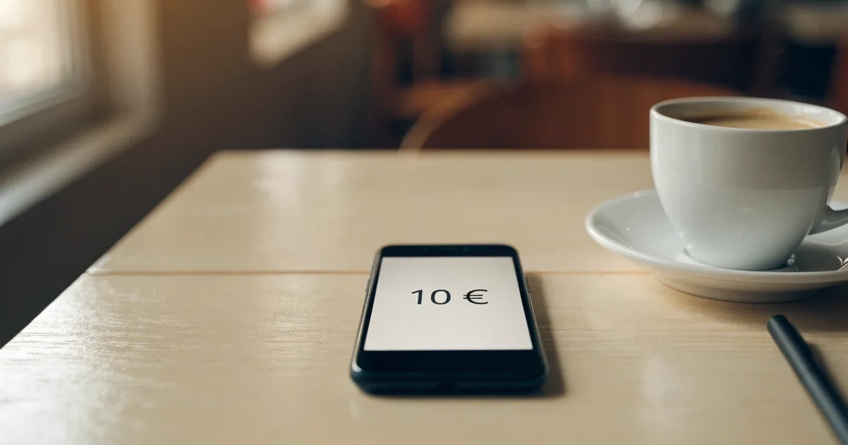 Ein Smartphone liegt mit dunklem Display auf einem Café-Tisch neben einer Tasse Kaffee und einem Kugelschreiber.