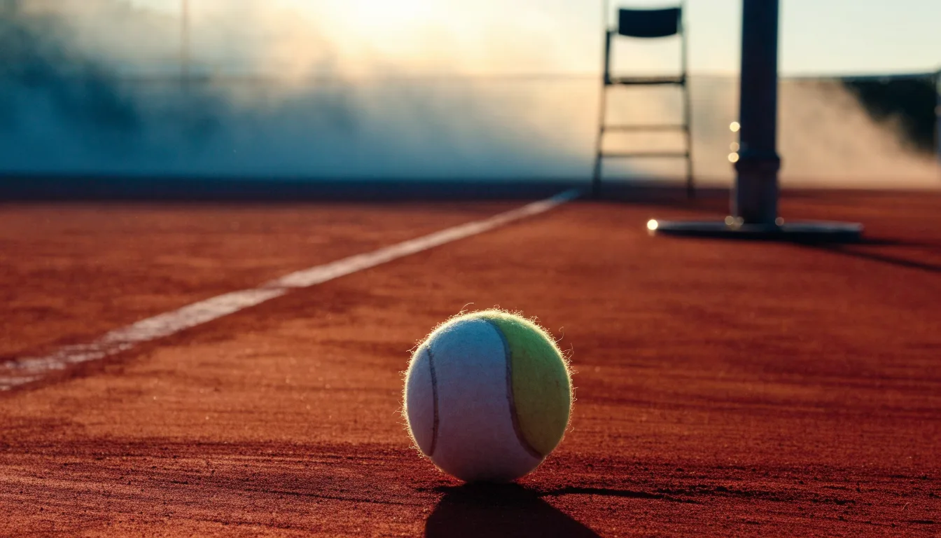 Ein Tennisball liegt auf einem roten Sandplatz bei Sonnenaufgang, im Hintergrund ein leerer Schiedsrichterstuhl.