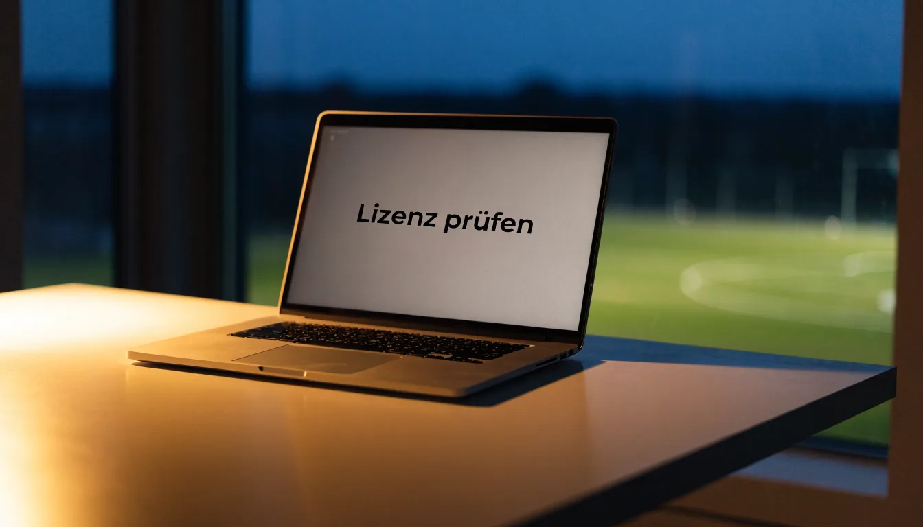 Ein Stadion unter Flutlicht aus der Ferne, davor ein stilles Feld im Dämmerlicht.