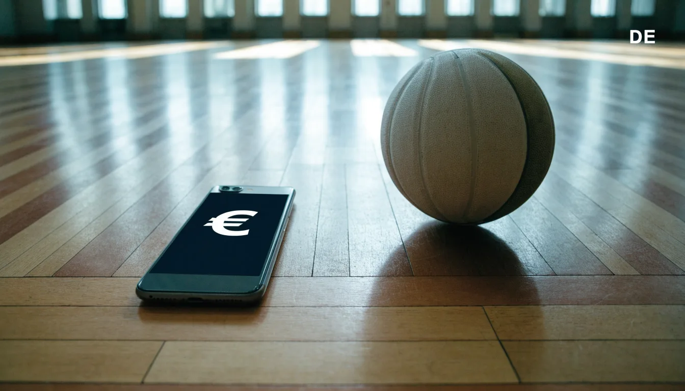 Ein Basketball liegt auf dem Parkett einer leeren Halle, Licht fällt durch hohe Fenster.