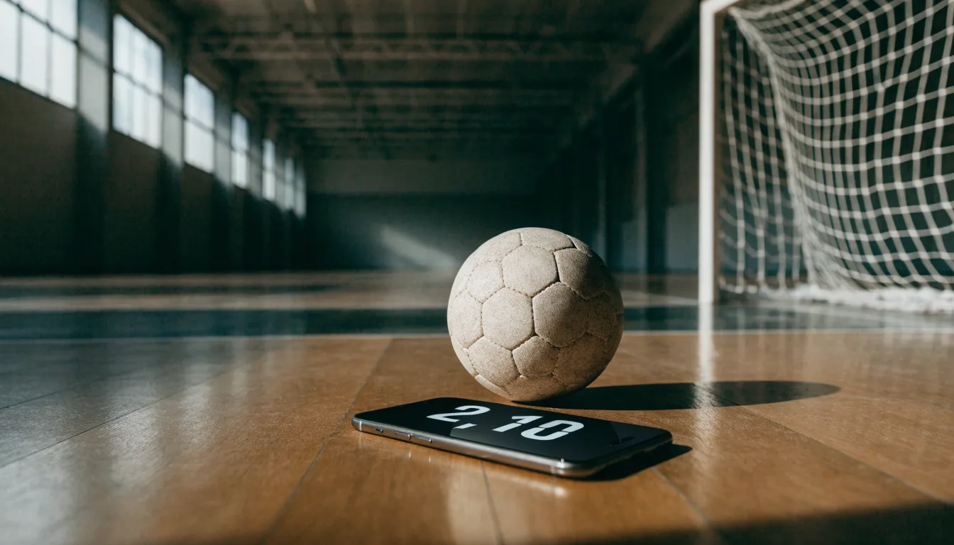 Ein Handball liegt in einer leeren Halle auf dem Boden vor dem Tor.