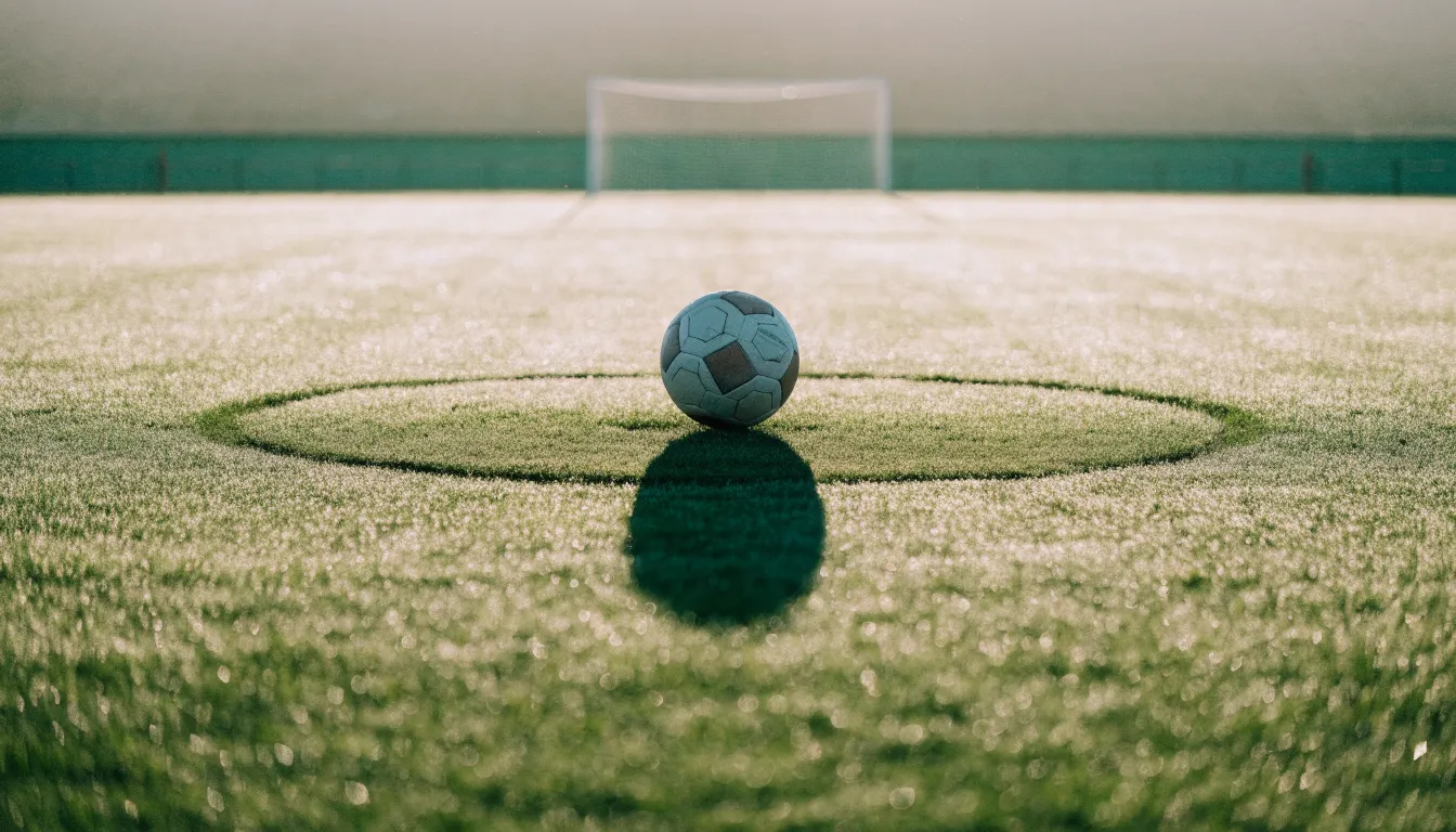 Ein Fußball liegt auf dem Anstoßkreis eines leeren Rasenplatzes im frühen Morgenlicht.