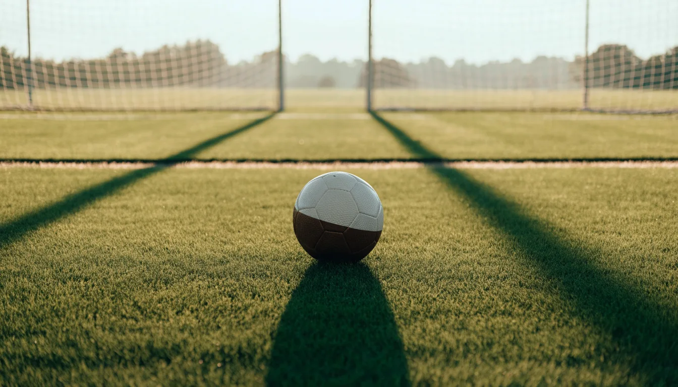 Ein Fußball auf dem Rasen vor einem leeren Tor im frühen Morgenlicht.
