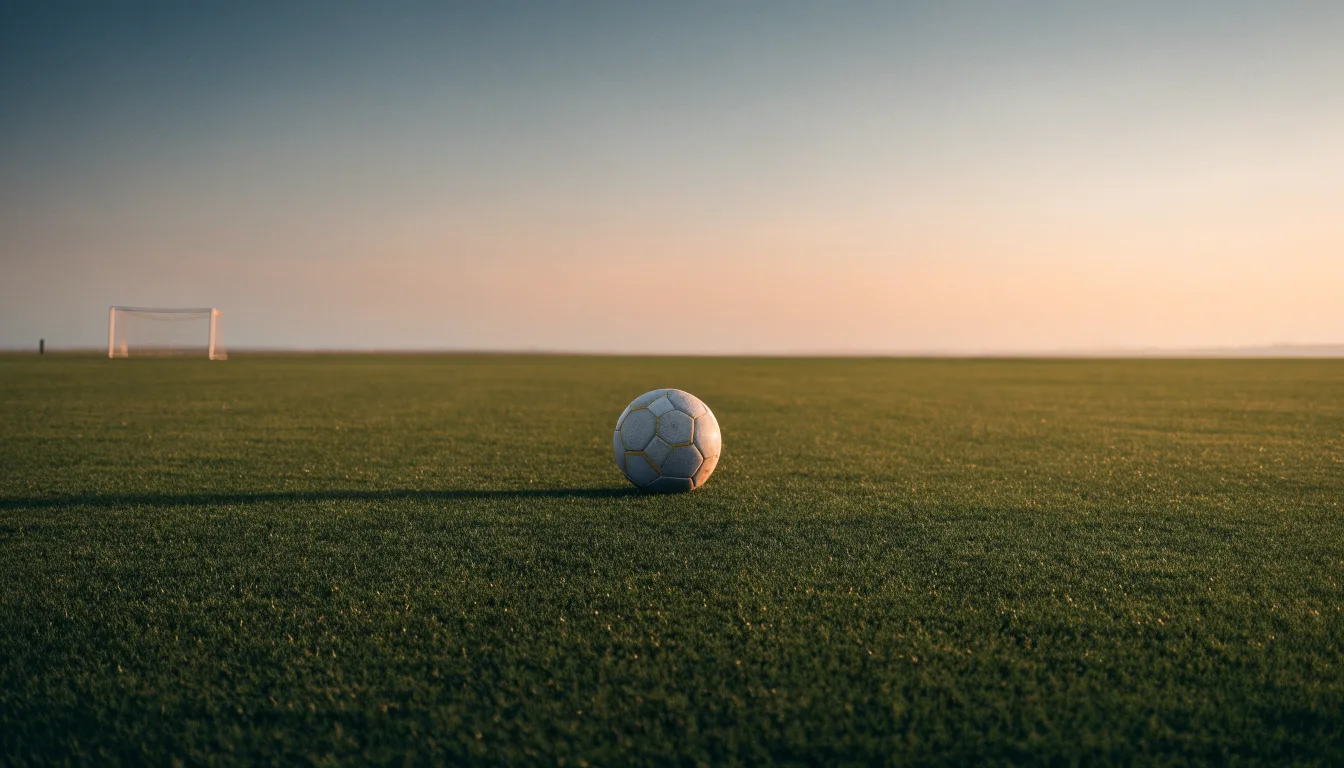 Ein Fußball liegt in der Mitte eines leeren Rasenplatzes, am Horizont färbt sich der Himmel orange.