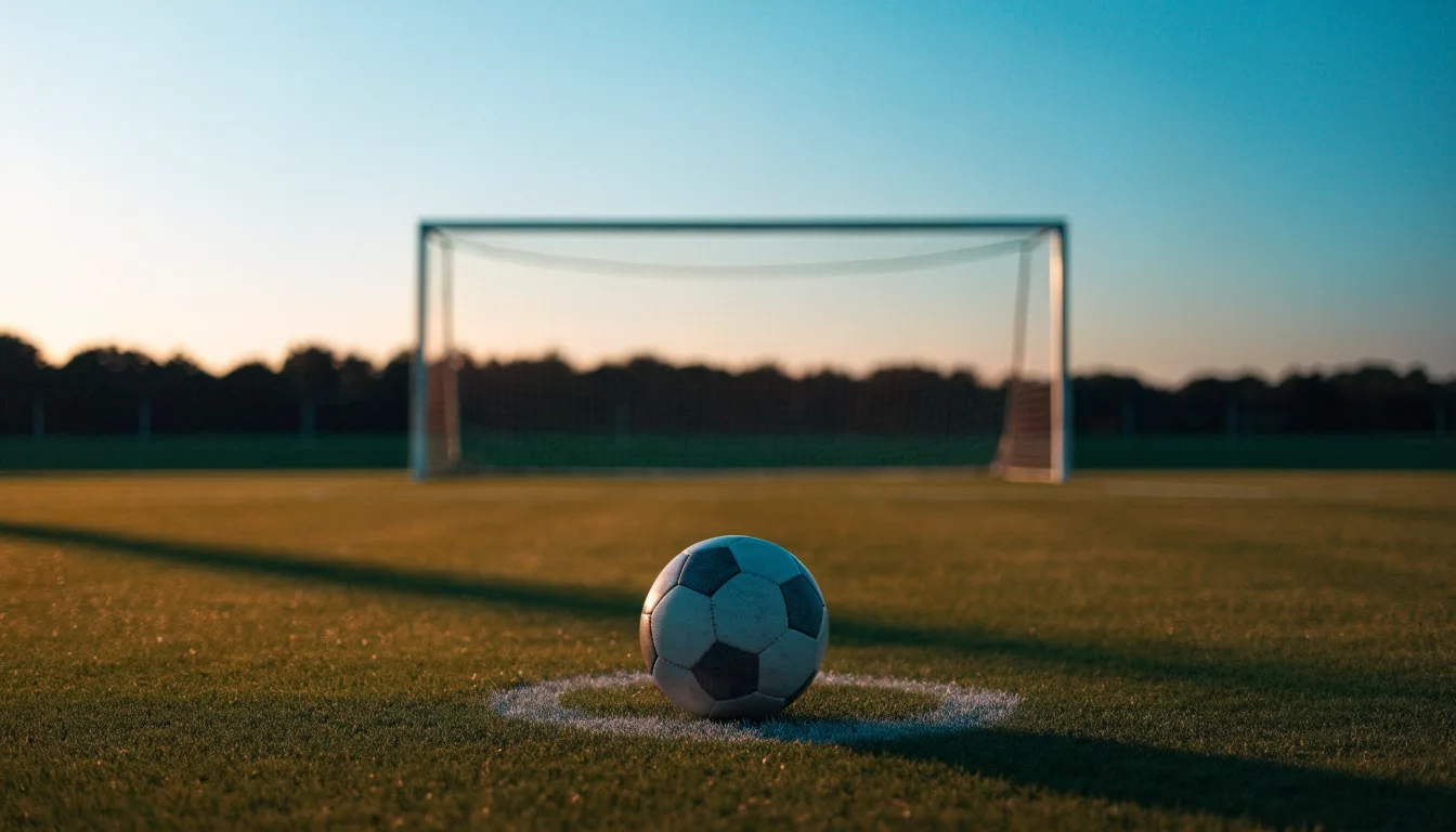 Ein Fußball liegt im Strafraum eines leeren Platzes, dahinter die Netze des Tores im Abendlicht.
