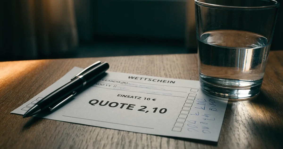 Ein leerer Papier-Wettschein liegt zusammen mit einem Kugelschreiber auf einem Tisch, daneben ein Glas Wasser.