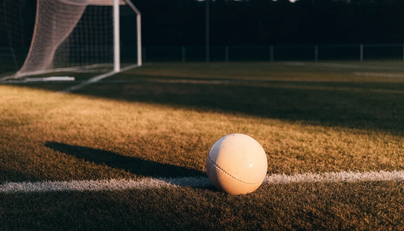 Ein Fußball liegt auf dem Elfmeterpunkt eines leeren Platzes im Abendlicht.