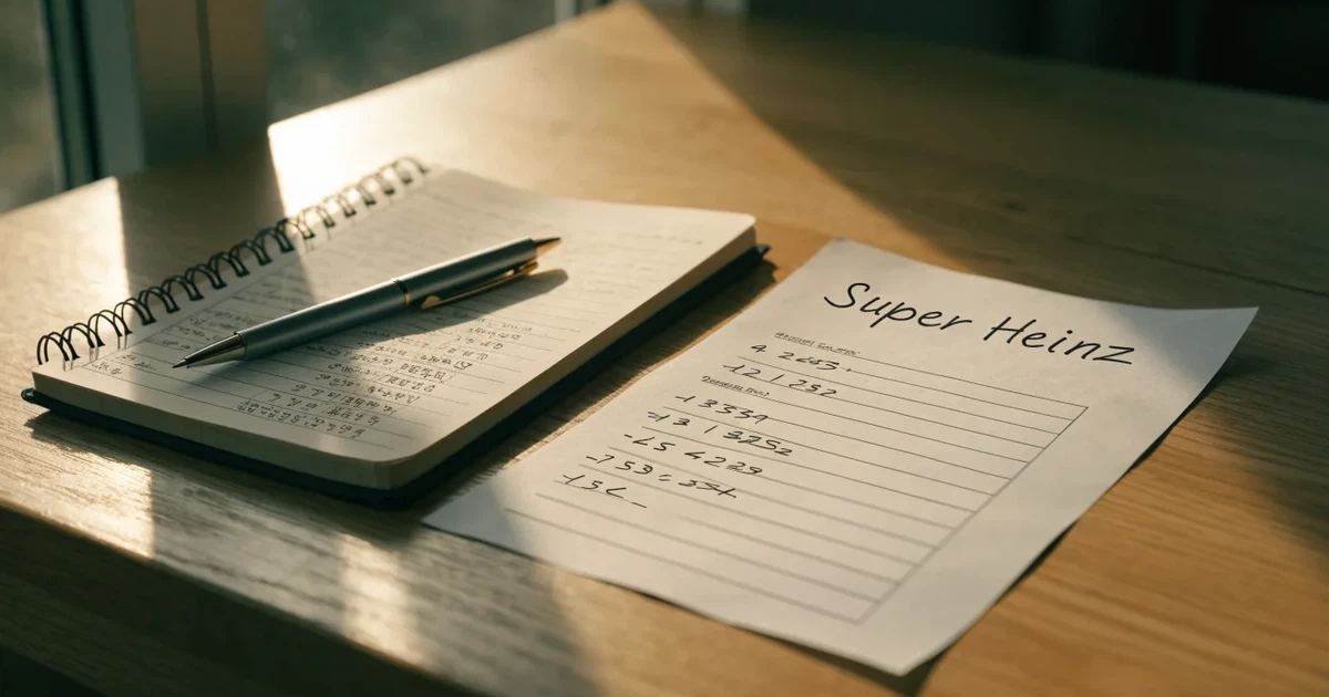 Ein Notizbuch mit handschriftlichen Zahlenreihen und Strichlisten liegt neben einem Taschenrechner auf einem Schreibtisch.