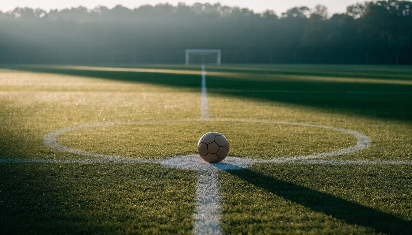 Ein Fußball auf dem Mittelkreis eines leeren Rasenplatzes im frühen Morgenlicht.