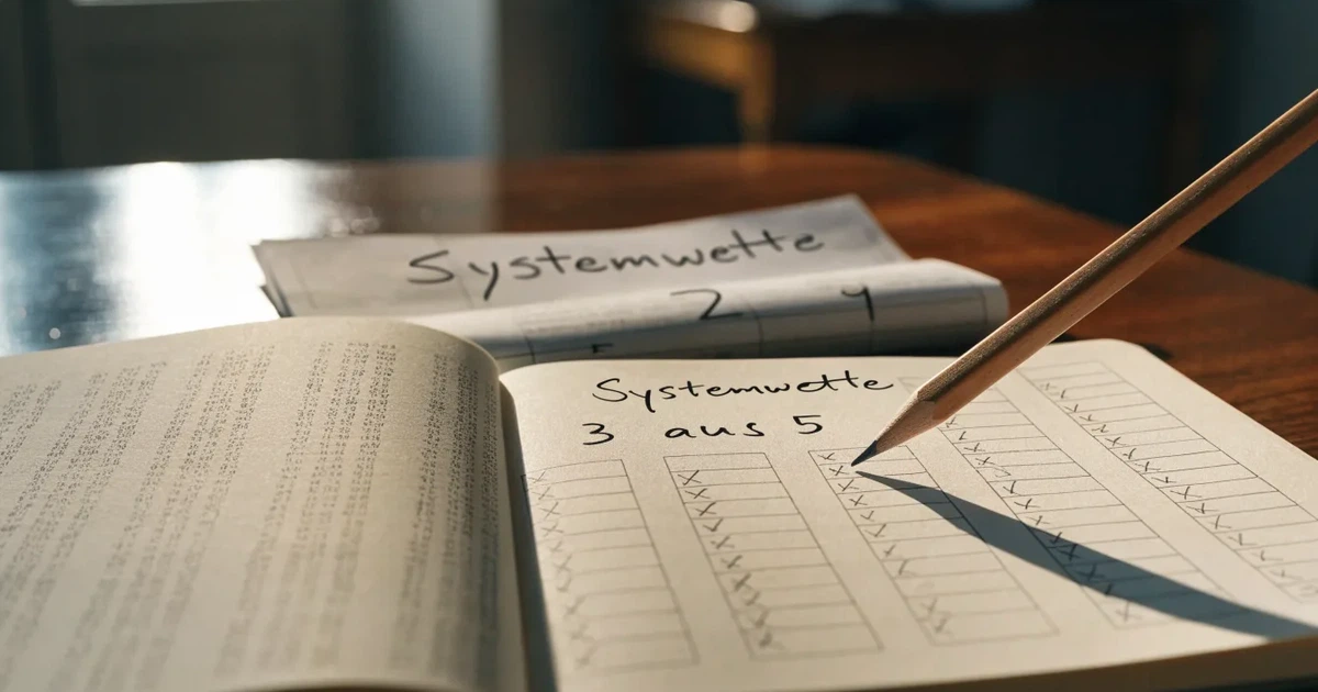 Ein Notizbuch mit handschriftlichen Zahlenreihen und Kästchen liegt neben einem Taschenrechner und einem Bleistift auf einem Schreibtisch.