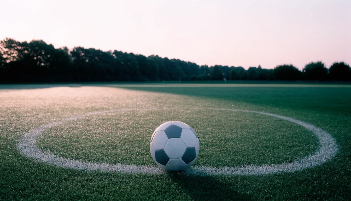 Ein Fußball liegt am Rand des Mittelkreises auf einem leeren Rasenplatz bei Sonnenaufgang.