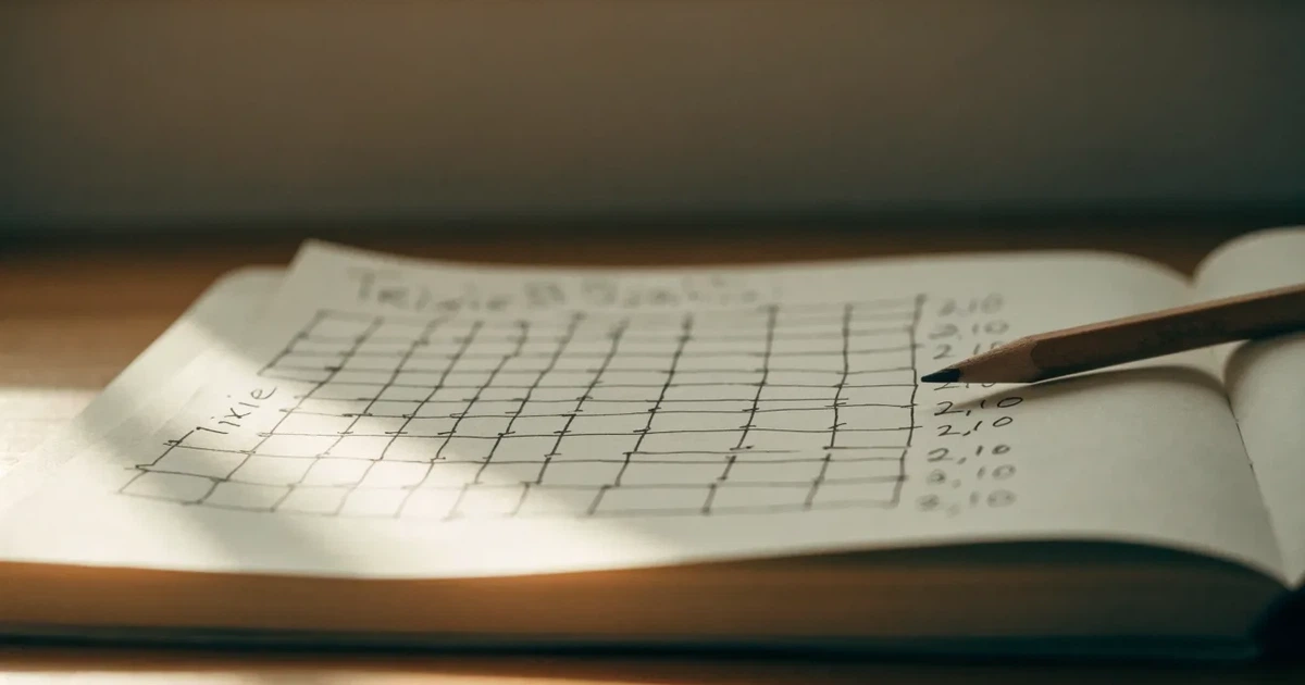 Ein Notizbuch mit handschriftlichen Kästchen und Linien liegt neben einem Bleistift und einem Taschenrechner auf einem Schreibtisch.